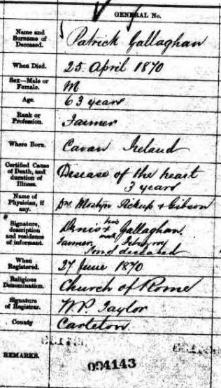 Patrick Gallaghan, Ontario death registration 1870: microfilm MS 935, reel 1, Archives of Ontario; database, ancestry.ca (http://www.ancestry.ca/:accessed 23 January 2013), Ontario, Canada, Deaths, 1869-1938 and Deaths Overseas, 1939-1947.