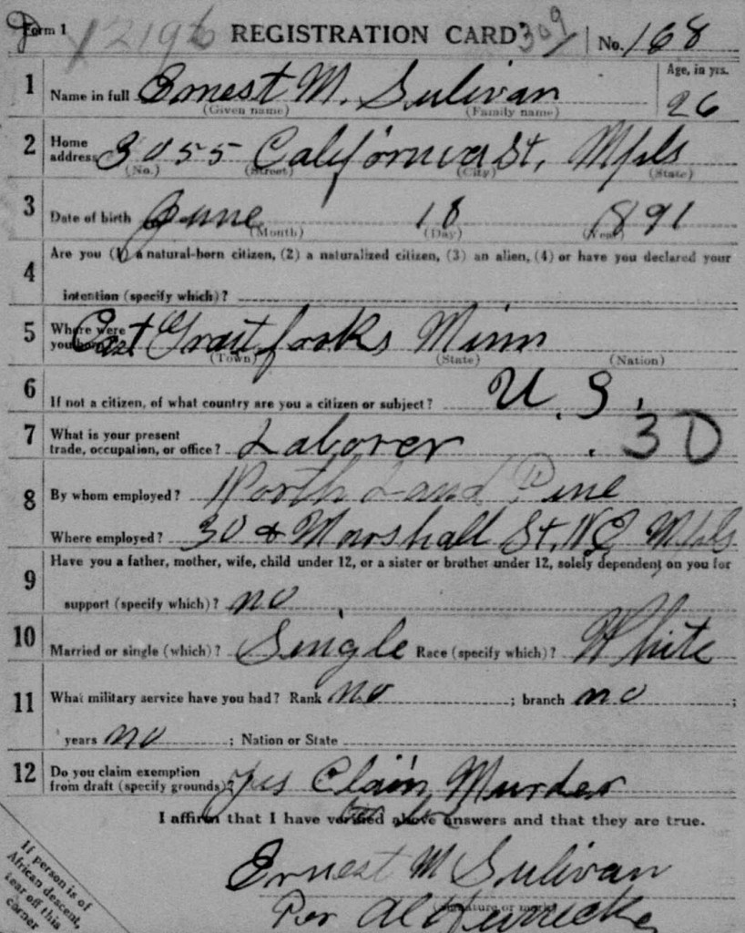 Ernest M. Sulivan [Sullivan], United States, World War I Draft Registration Cards, 1917-1918, Minnesota.