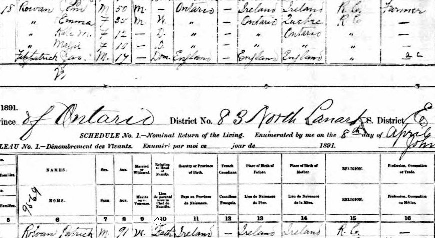 John Rowan Found in the household of John Rowan and his wife Emma Hogan in the 1891 census of Huntley township (Lanark North, Ontario): Jas [James] Fitzpatrick, male, age 17, Dom. [Domestic], born England, father born England, mother born England, religion R.C. [Roman Catholic].household, 1891 Census of Canada, Ontario, Lanark North, Huntley, family no. 18, p. 4, lines 21-25, and p. 5, line 1.