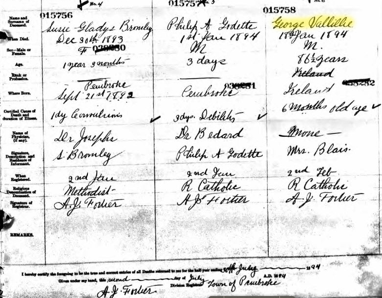 George Vallillie, Ontario death registration 1894: microfilm MS 935, reel 72, Archives of Ontario; database, ancestry.ca (http://www.ancestry.ca/: accessed 19 February 2015), Ontario, Canada, Deaths, 1869-1938 and Deaths Overseas, 1939-1947.
